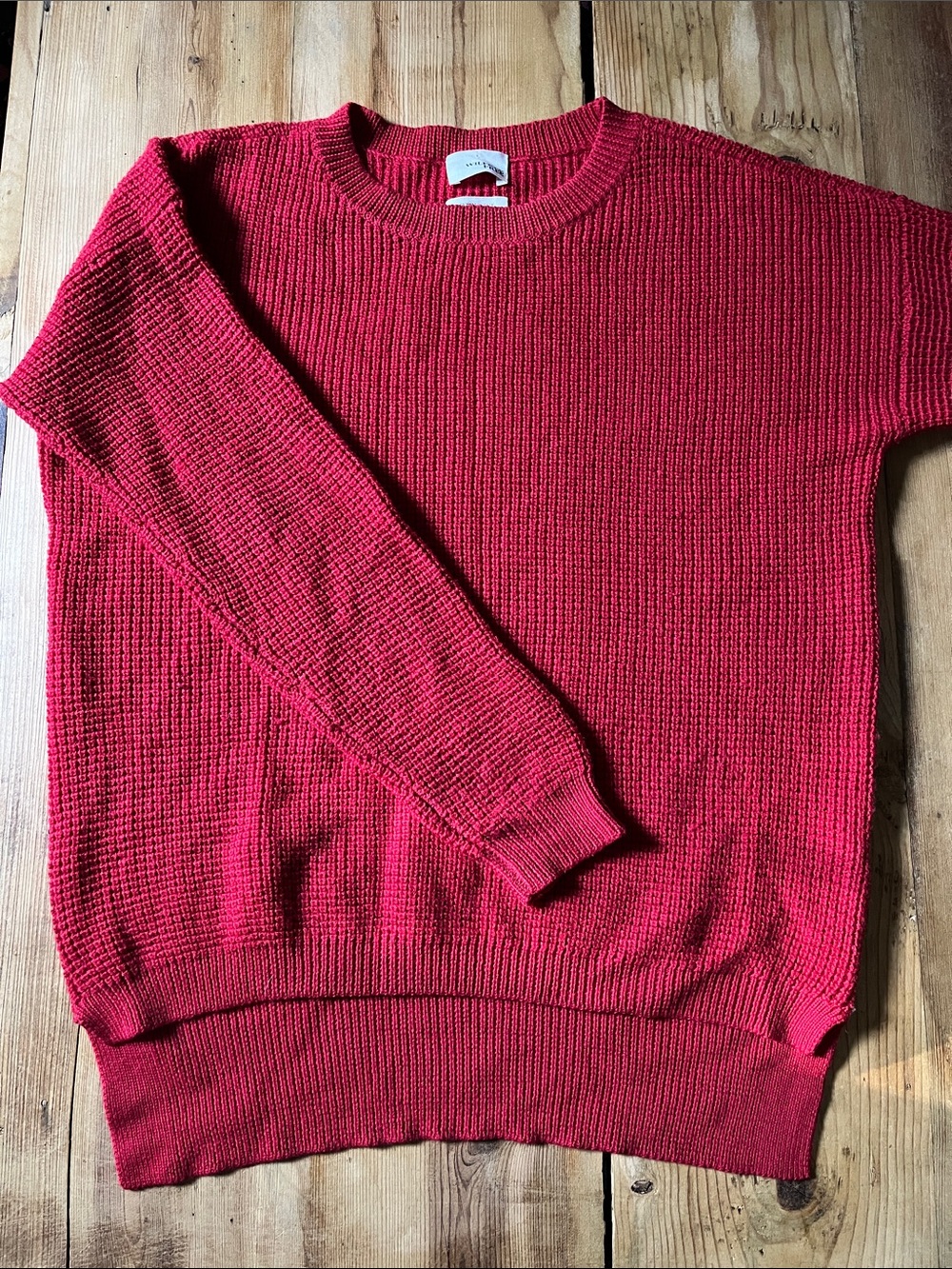 WILFRED FREE L Red Italian 100% Wool Waffle Knit Sweater Long Fit Crew
